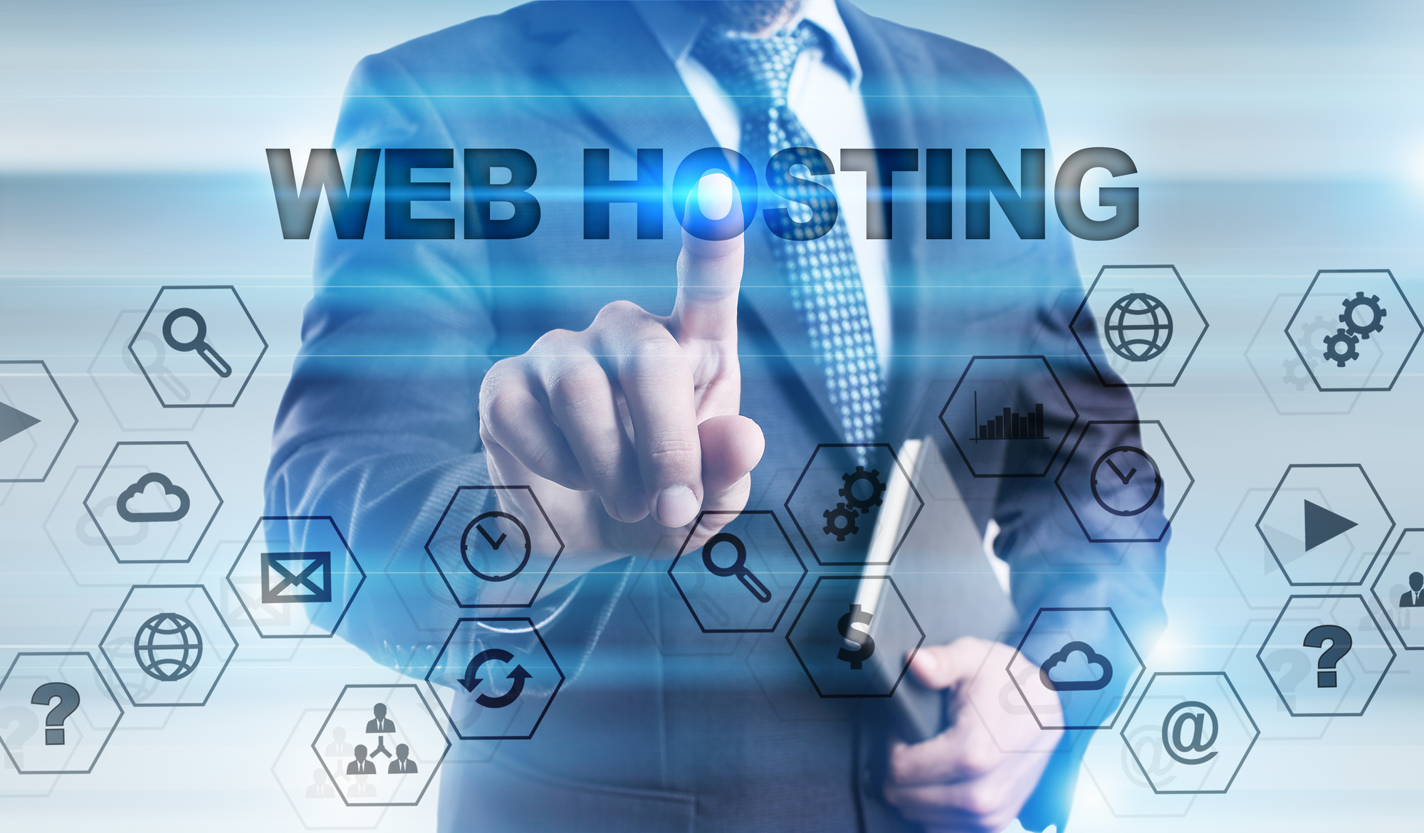 business man touching web hosting text and icons